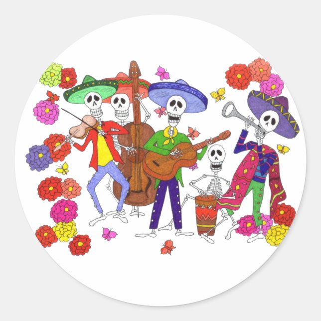 Cartoon Skeleton Musicians Mariachi Band Guitar Runder Aufkleber (Vorderseite)