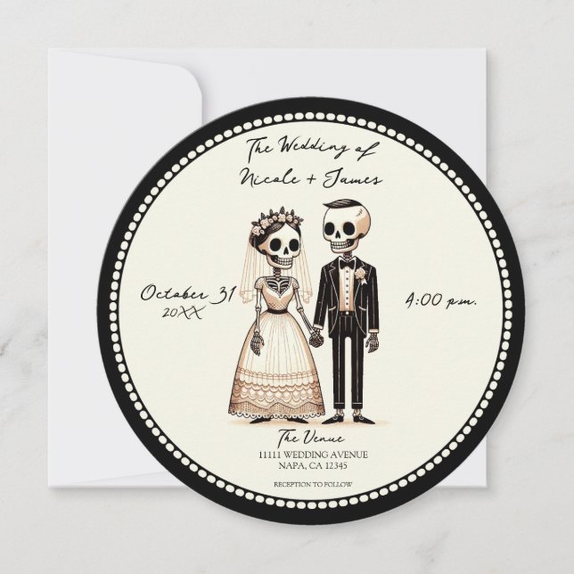 Cartoon Skelettbrücke + Groom Whimsical Wedding Einladung (Vorderseite)