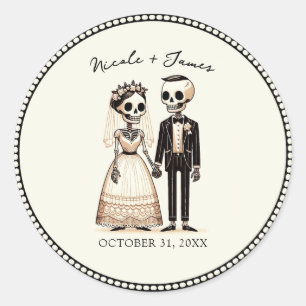 Cartoon Skelettbrücke + Groom Whimsical Wedding Runder Aufkleber