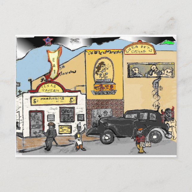 Cartoon Sketch von Roanoke Sehenswürdigkeit Texas  Postkarte (Vorderseite)