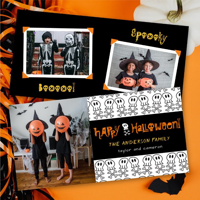 Cartoon Skulls & Bones Kid's Happy Halloween Foto Karte (Von Creator hochgeladen)