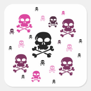 Cartoon Skulls Collage - Rosa Quadratischer Aufkleber