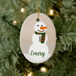 Cartoon Snowman (Anpassbarer Name) Keramik Ornament<br><div class="desc">Doppelseitiges Snowman-Ornament mit individualisierbarem Namen.</div>