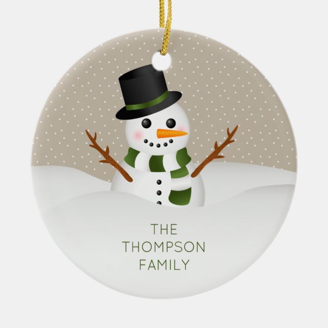 Cartoon Snowman mit personalisierbarem Namen Weihn Keramikornament (Vorne)