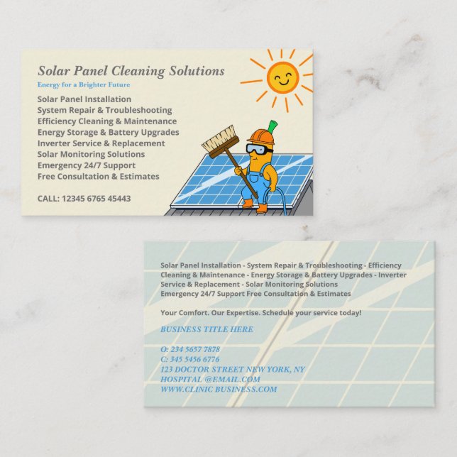 Cartoon Solar Panel Cleaning Services Visitenkarte (Vorne/Hinten)