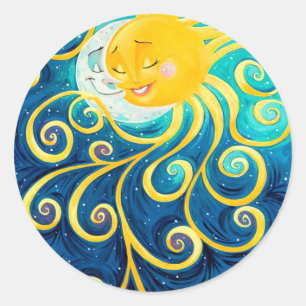 Cartoon Sonne und Mond Liebe Frieden Runder Aufkleber