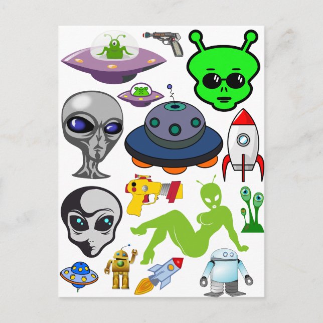 Cartoon Space Außerirdischen Grays UFO Art Collage Postkarte (Vorderseite)