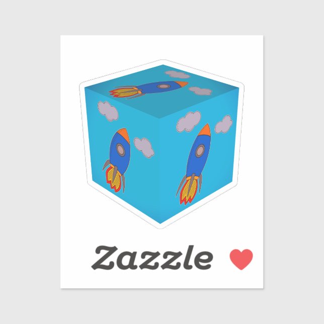 Cartoon Space Rocket Fliegen und Blue Sky Cube Aufkleber (Blatt)