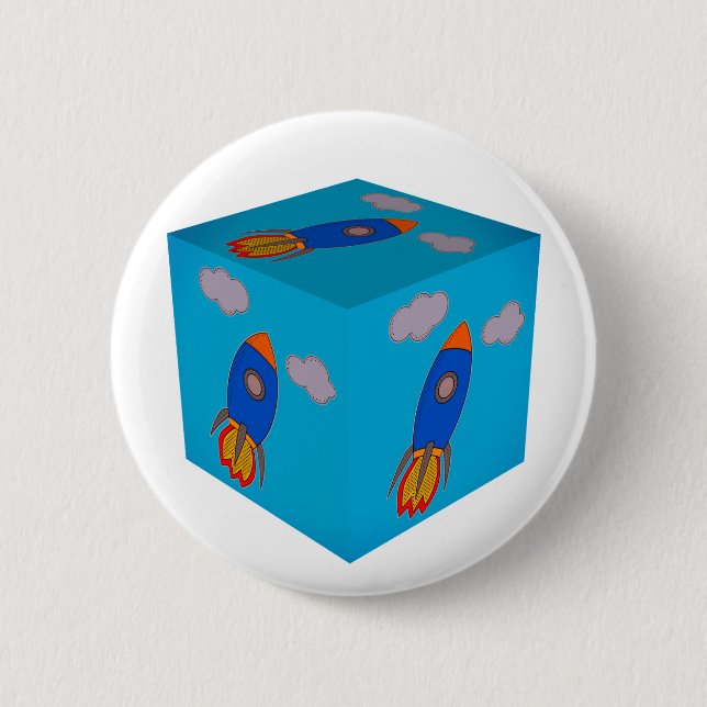 Cartoon Space Rocket Fliegen und Blue Sky Cube Button (Vorderseite)