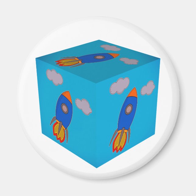 Cartoon Space Rocket Fliegen und Blue Sky Cube Magnet (Vorne)