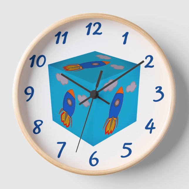 Cartoon Space Rocket Fliegen und Blue Sky Cube Uhr (Vorderseite)