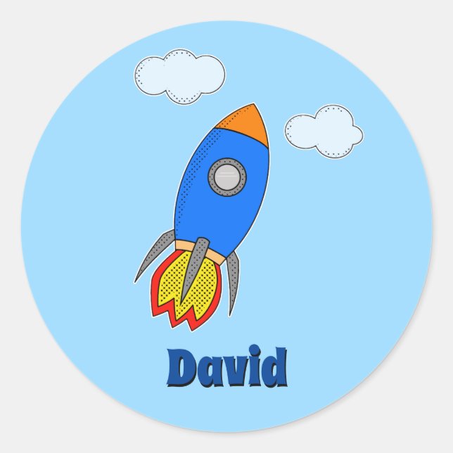 Cartoon Space Rocket im Blue Sky Kinderzimmer Deko Runder Aufkleber (Vorderseite)