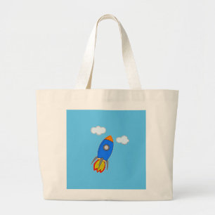 Cartoon Space Rocket in Blue Sky Jumbo Stoffbeutel