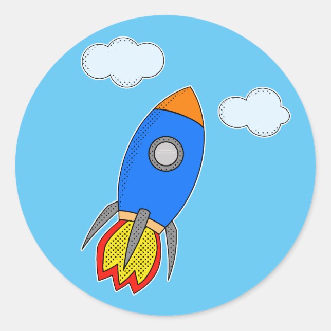 Cartoon Space Rocket in Blue Sky Runder Aufkleber (Vorderseite)