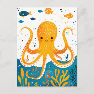 Cartoon Spielender Kraken mit farbenfroher Fische Postkarte