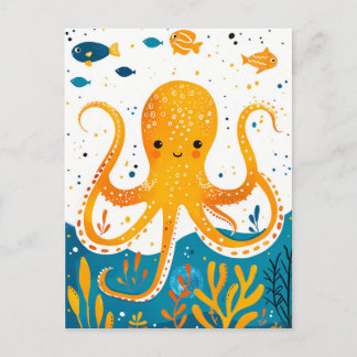 Cartoon Spielender Kraken mit farbenfroher Fische Postkarte