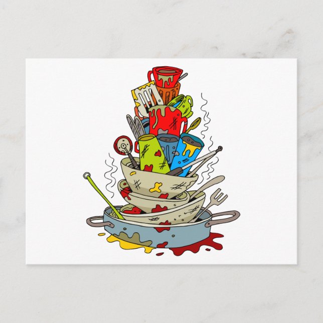 Cartoon "Stack of Dirty Geschirrs" Postkarte (Vorderseite)