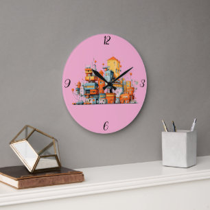 Cartoon Stadt Rosa Stadtgeschichte - farbenfrohe S Große Wanduhr