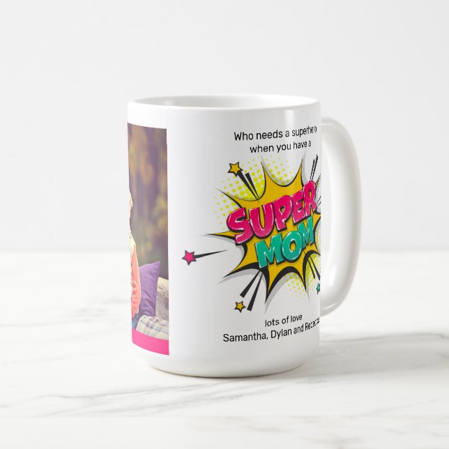 Cartoon Style Super Mama Fügen Sie Ihren Foto Mütt Kaffeetasse (VorderseiteRechts)