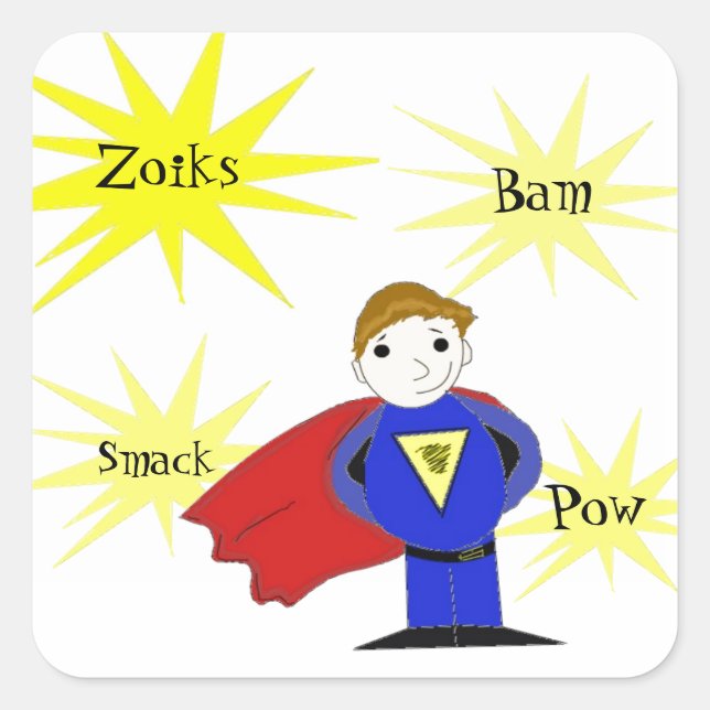 Cartoon Super Hero mit Aktionswörtern Quadratischer Aufkleber (Vorderseite)