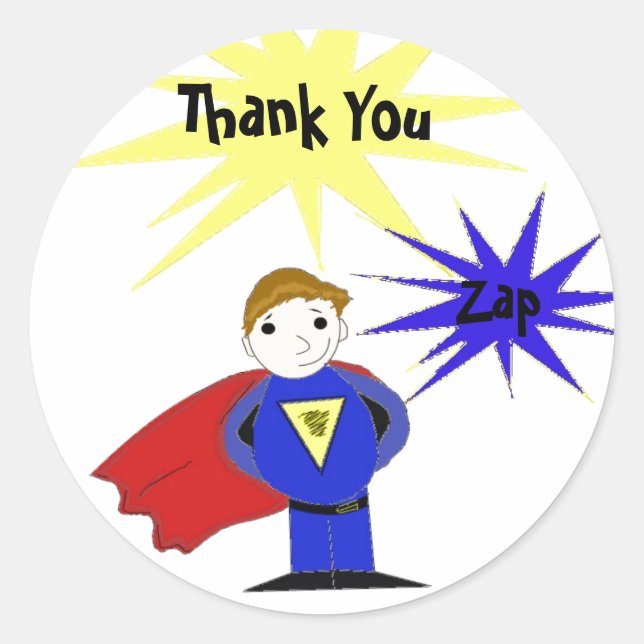 Cartoon Super Hero Vielen Dank Runder Aufkleber (Vorderseite)