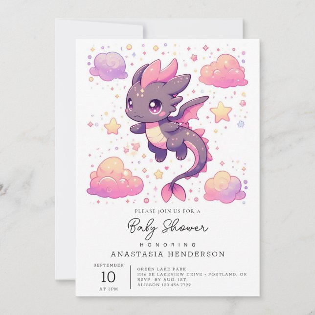 Cartoon Sweet Dragon Baby Dusche Einladung (Vorderseite)