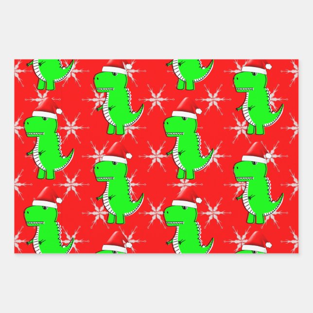 Cartoon T Rex Niedlich Dino Santas Weihnachtshut Geschenkpapier Set (Vorderseite)