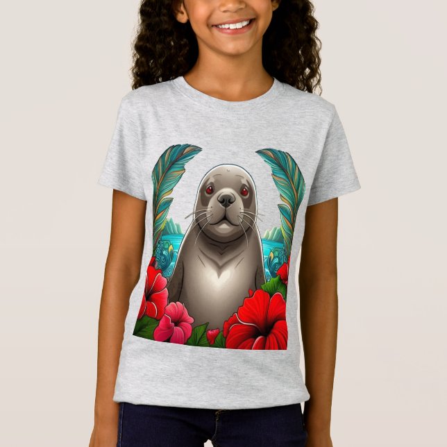 Cartoon Tattoo Art of Hawaiian Mönch Siegel T-Shirt (Vorderseite)