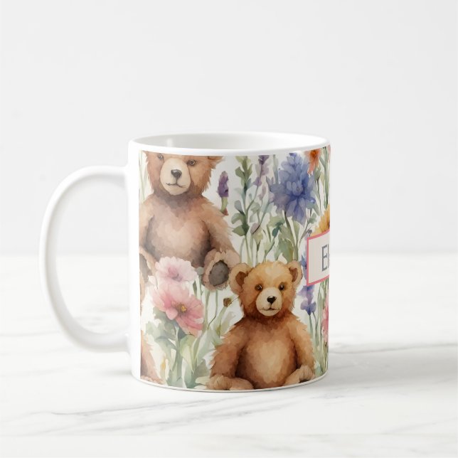 Cartoon Teddy Bärenmuster mit Aquarellfarben-Blume Kaffeetasse (Links)
