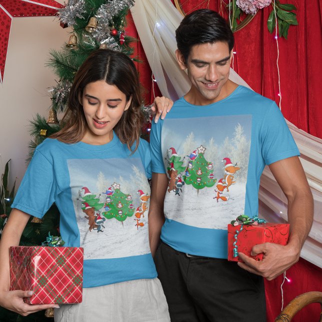 Cartoon Tiere Tanzen nach Christbaum Unisex T-Shirt (Cartoon Animals Dancing By Christmas Tree Unisex T-Shirt)