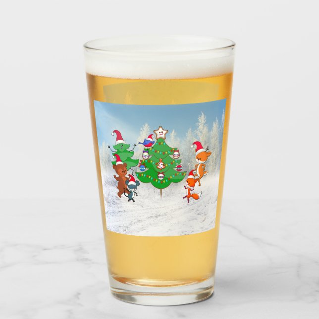 Cartoon Tiere tanzen um den Weihnachtsbaum herum Glas (Vorne (Gefüllt))