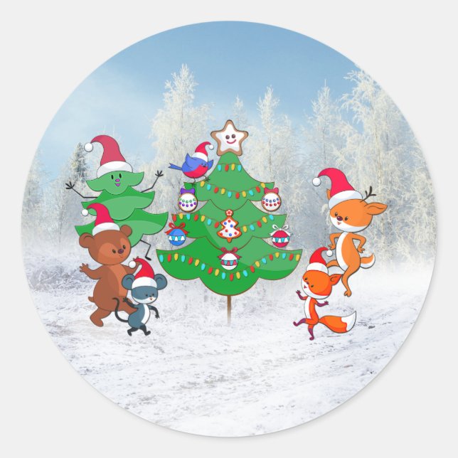 Cartoon Tiere tanzen um den Weihnachtsbaum herum Runder Aufkleber (Vorderseite)