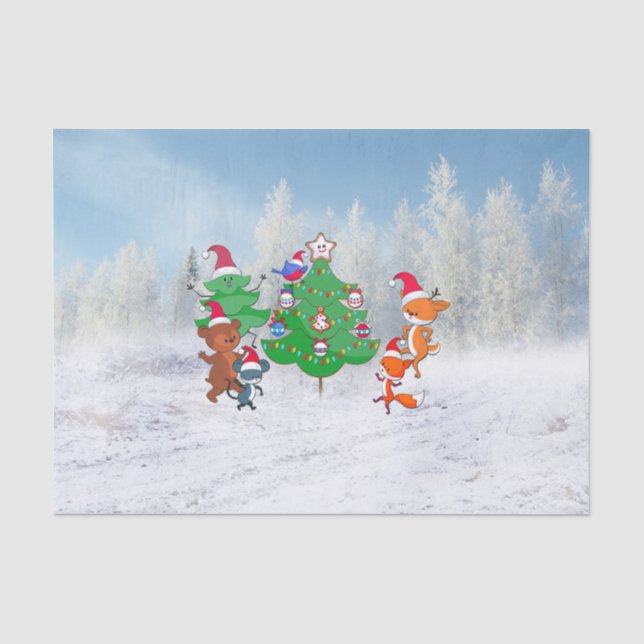 Cartoon Tiere tanzen um den Weihnachtsbaum herum Seidenpapier (Vorderseite)