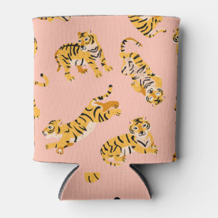 Cartoon Tiger, rosa Vintages Muster. Dosenkühler