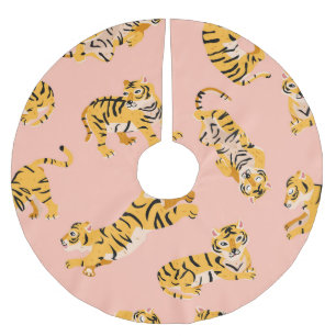Cartoon Tiger, rosa Vintages Muster. Polyester Weihnachtsbaumdecke