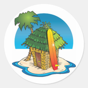 Cartoon Tiki Hut mit Surfboard und Palm Runder Aufkleber