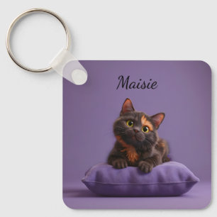 Cartoon Tortoiseshell Kitten auf Lila Polster Schlüsselanhänger