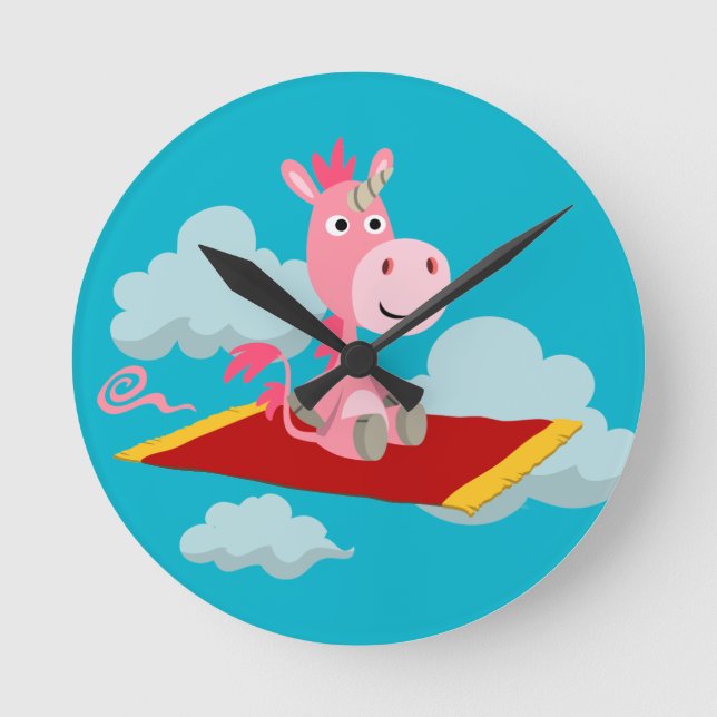 Cartoon Unicorns magische Teppichfahreruhr Runde Wanduhr (Vorderseite)
