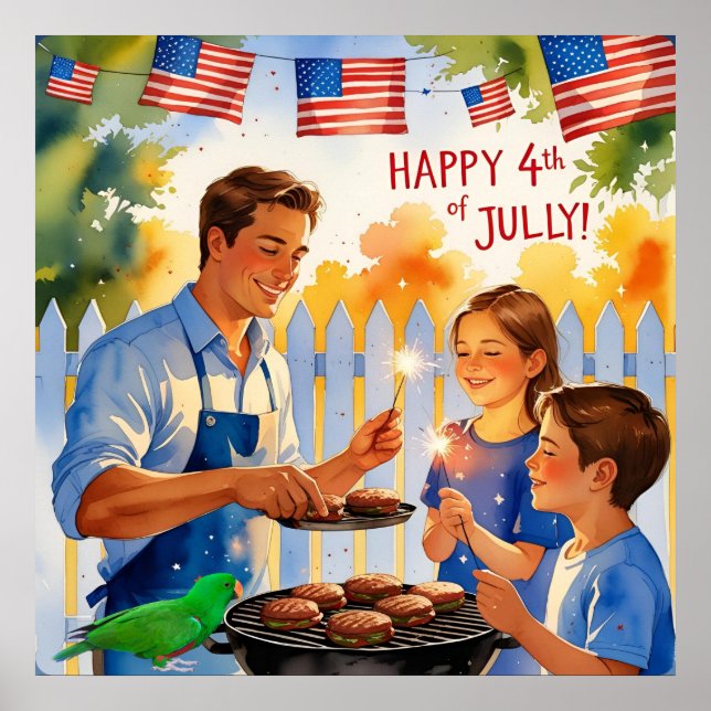 Cartoon Vater Grillen & Kinder mit Sparklern Poster (Vorne)