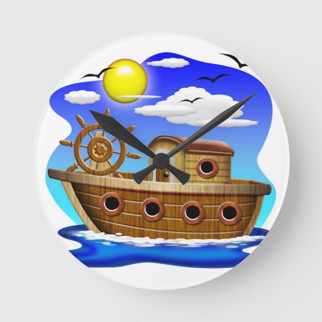 Cartoon von Fischereifahrzeugen Runde Wanduhr (Vorderseite)