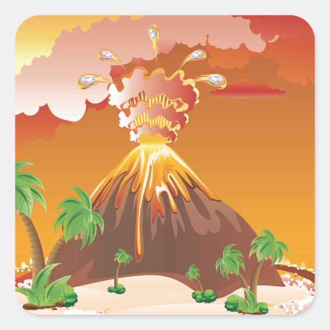 Cartoon-Vulkan-Eruption Quadratischer Aufkleber (Vorderseite)