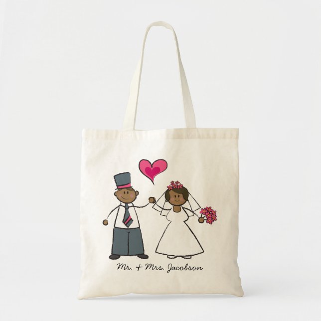 Cartoon Wedding Couple Bride & Groom Fuchsia Herz Tragetasche (Vorne)