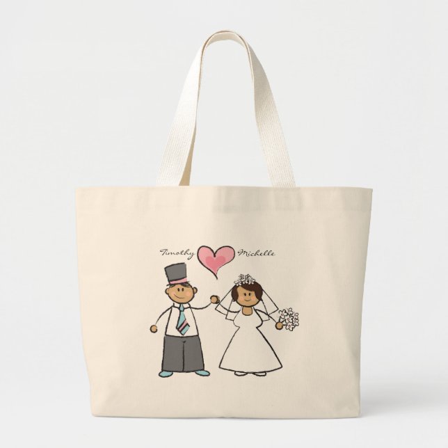 Cartoon Wedding Couple Bride & Groom Pink Herz Jumbo Stoffbeutel (Vorne)