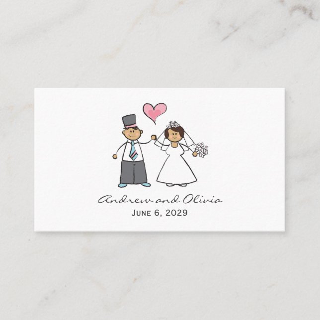 Cartoon Wedding Couple Bride & Groom Pink Herz Platzkarte (Vorderseite)
