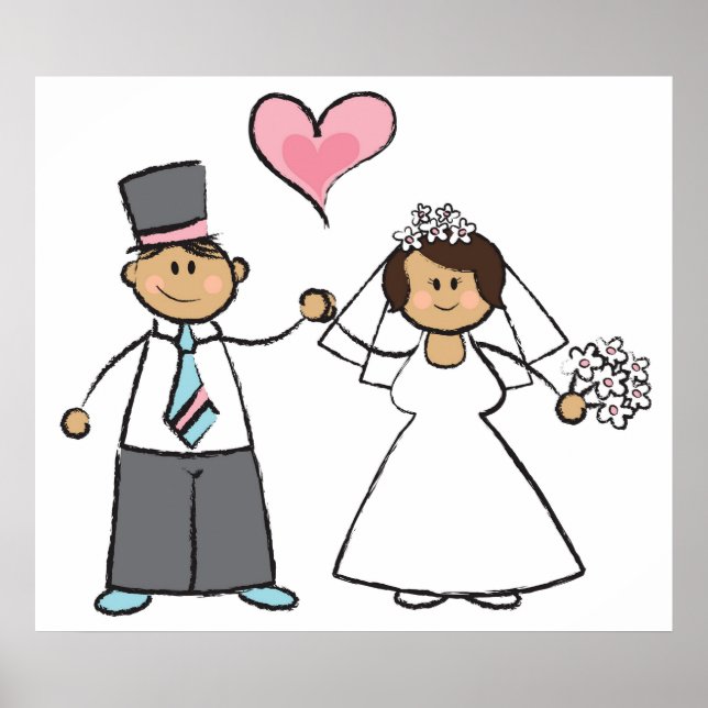 Cartoon Wedding Couple Bride & Groom Pink Herz Poster (Vorne)