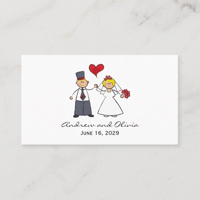 Cartoon Wedding Couple Bride & Groom Red Heart Platzkarte (Vorderseite)