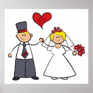 Cartoon Wedding Couple Bride & Groom Red Heart Poster