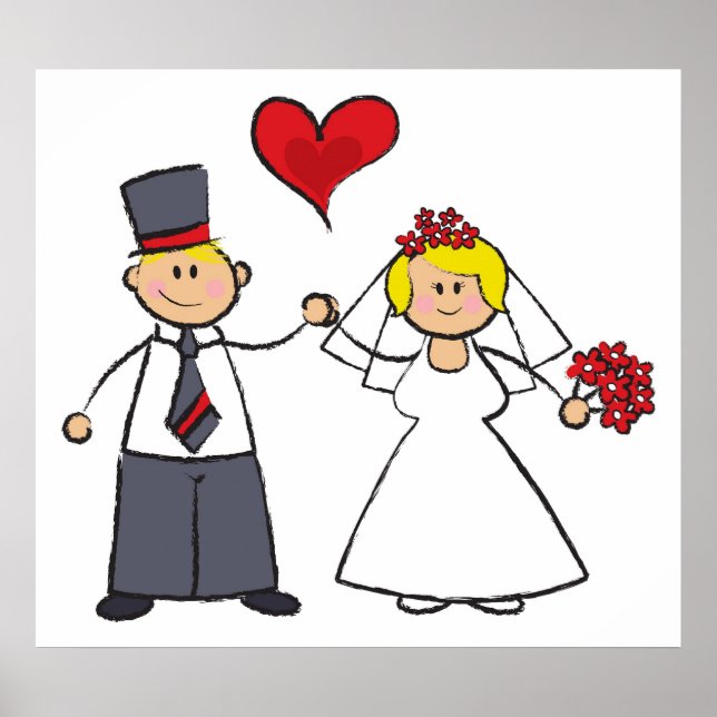 Cartoon Wedding Couple Bride & Groom Red Heart Poster (Vorne)