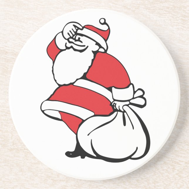 Cartoon Weihnachten Jolly Weihnachtsmann, Sack von Sandstein Untersetzer (Vorne)