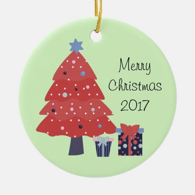 Cartoon Weihnachtsbaum und Geschenke Keramikornament (Vorne)